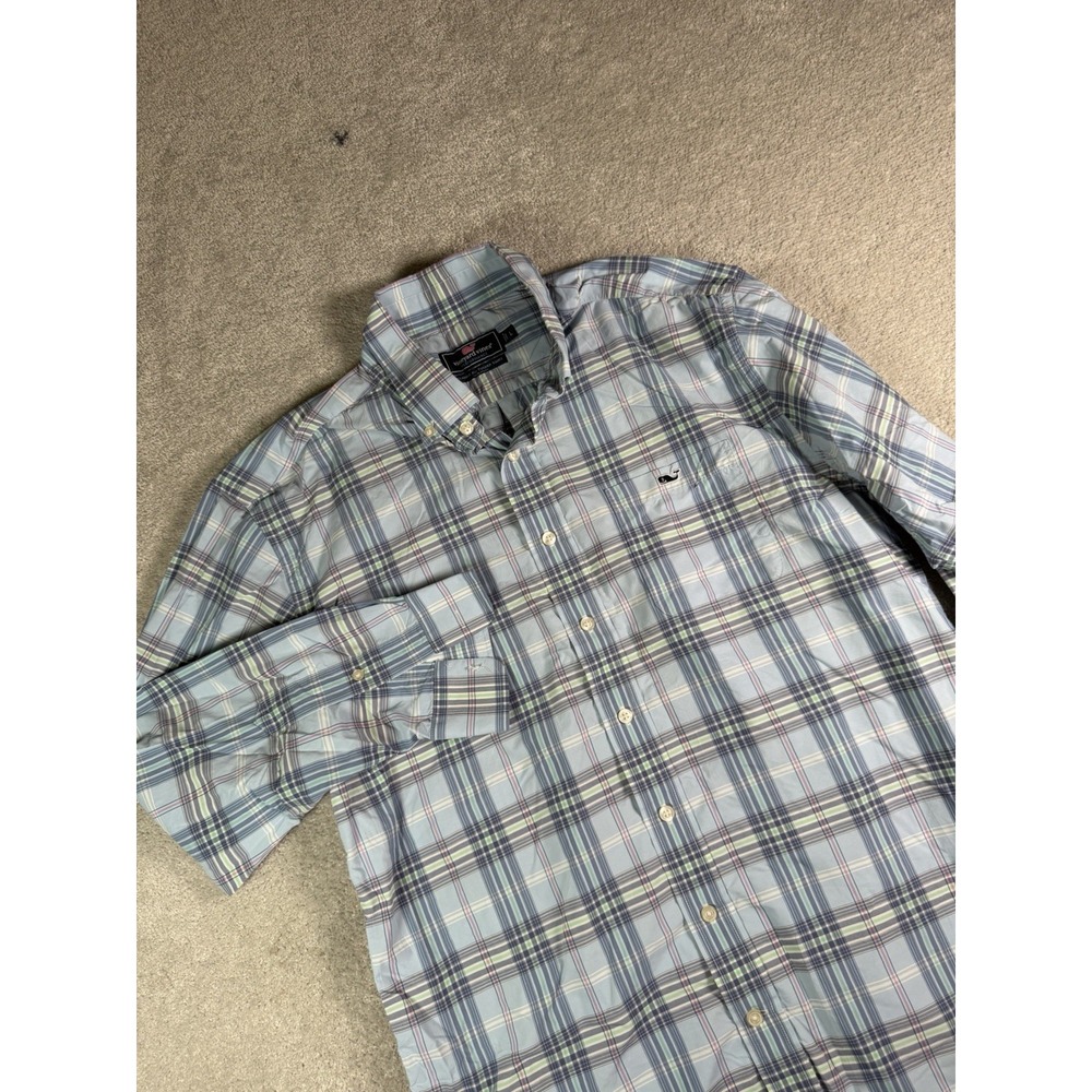 Vineyard Vines Tucker Shirt Mens Large Plaid Blue Performance Classic Fit Nylon